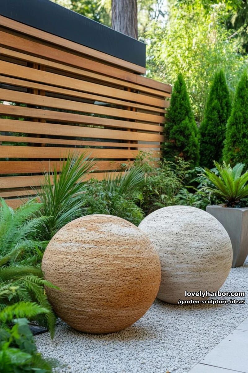 textured spherical sculptures outdoors with plants and wooden wall. 1