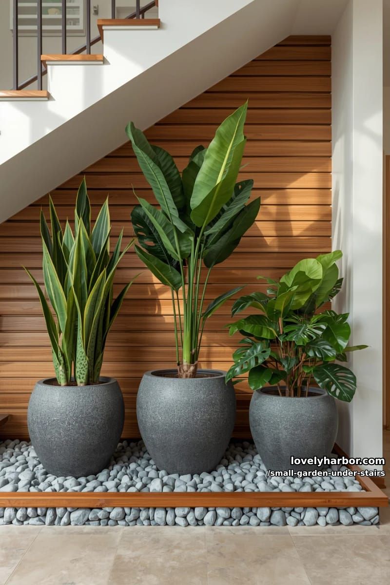 three large stone planters with tropical houseplants on wooden platform. 1