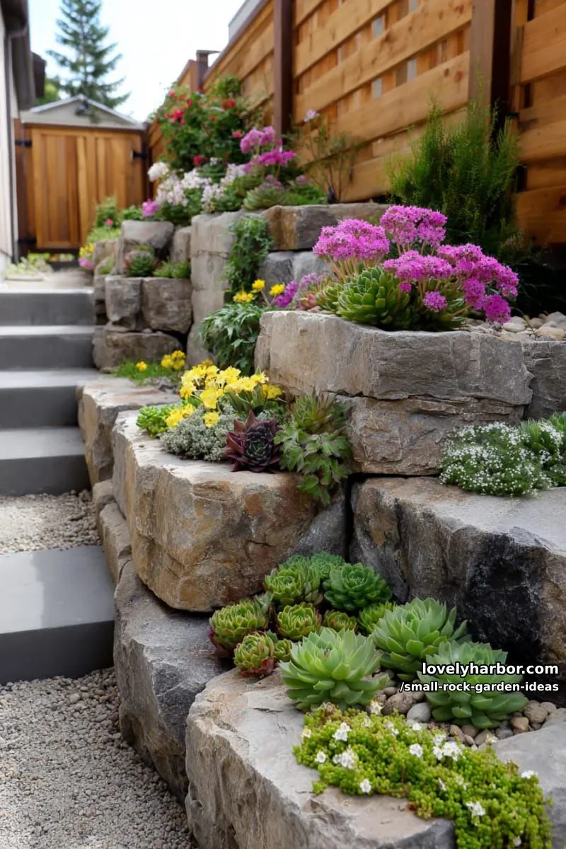tiered rockery with colorful succulents and flowering plants by a fence. 1