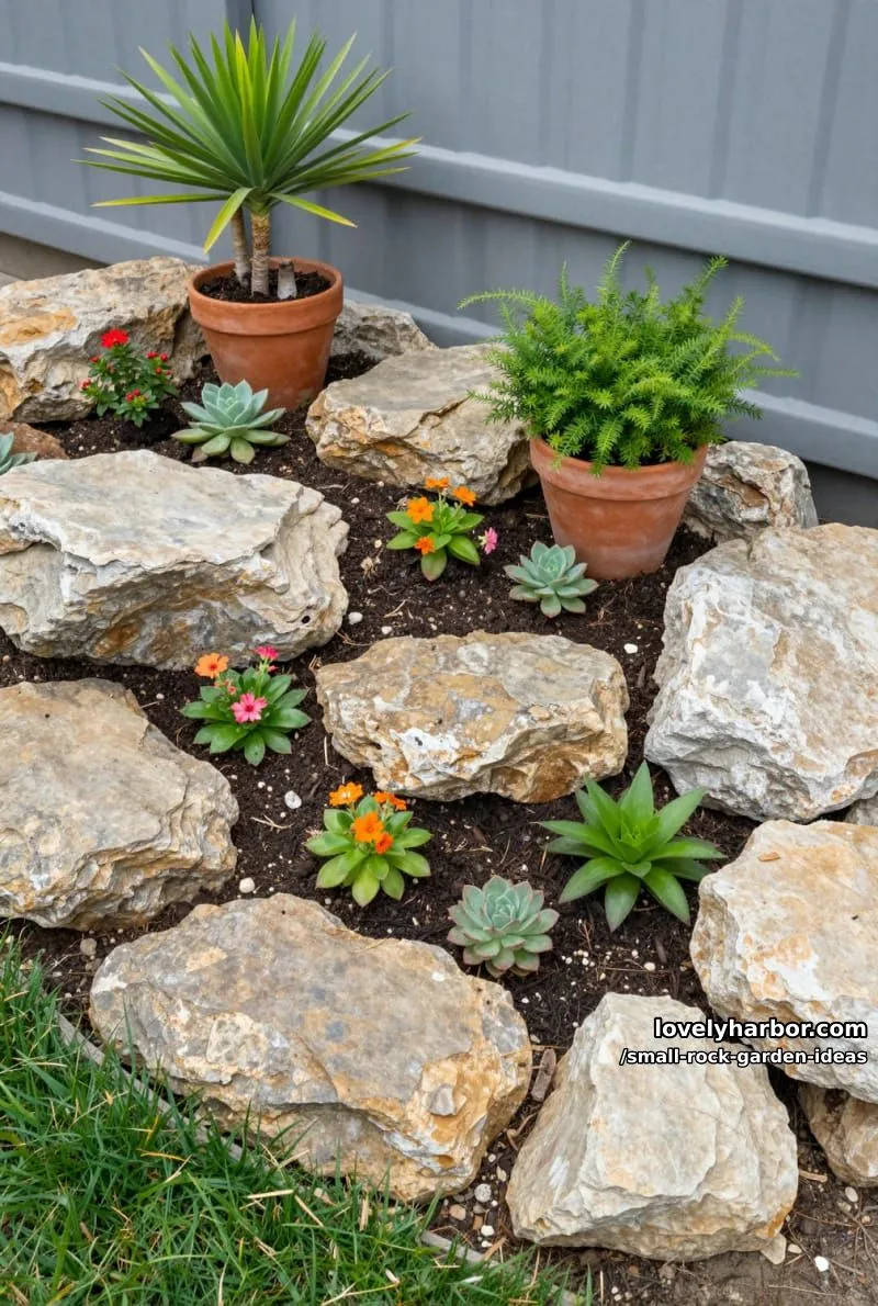 tiered rockery with colorful succulents and flowering plants by a fence. 1