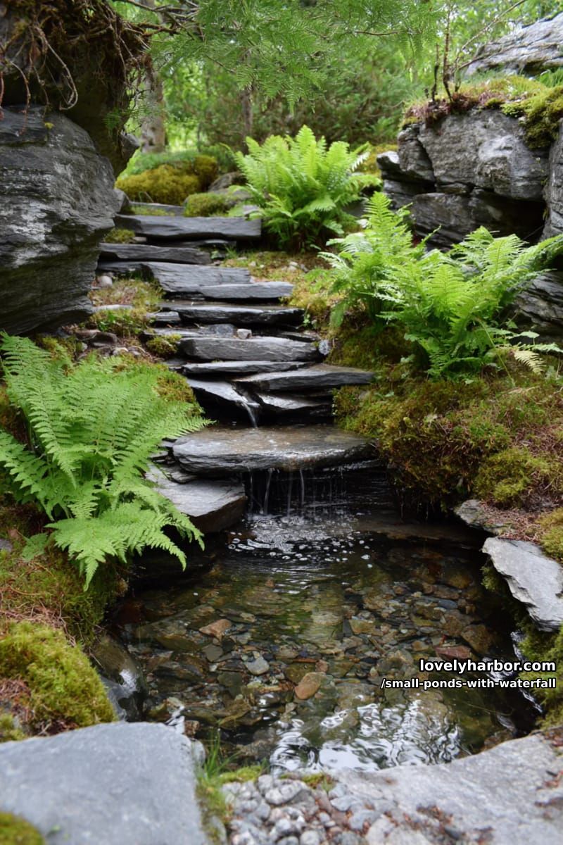 tiered slate waterfall pond with ferns and mossy boulders 1
