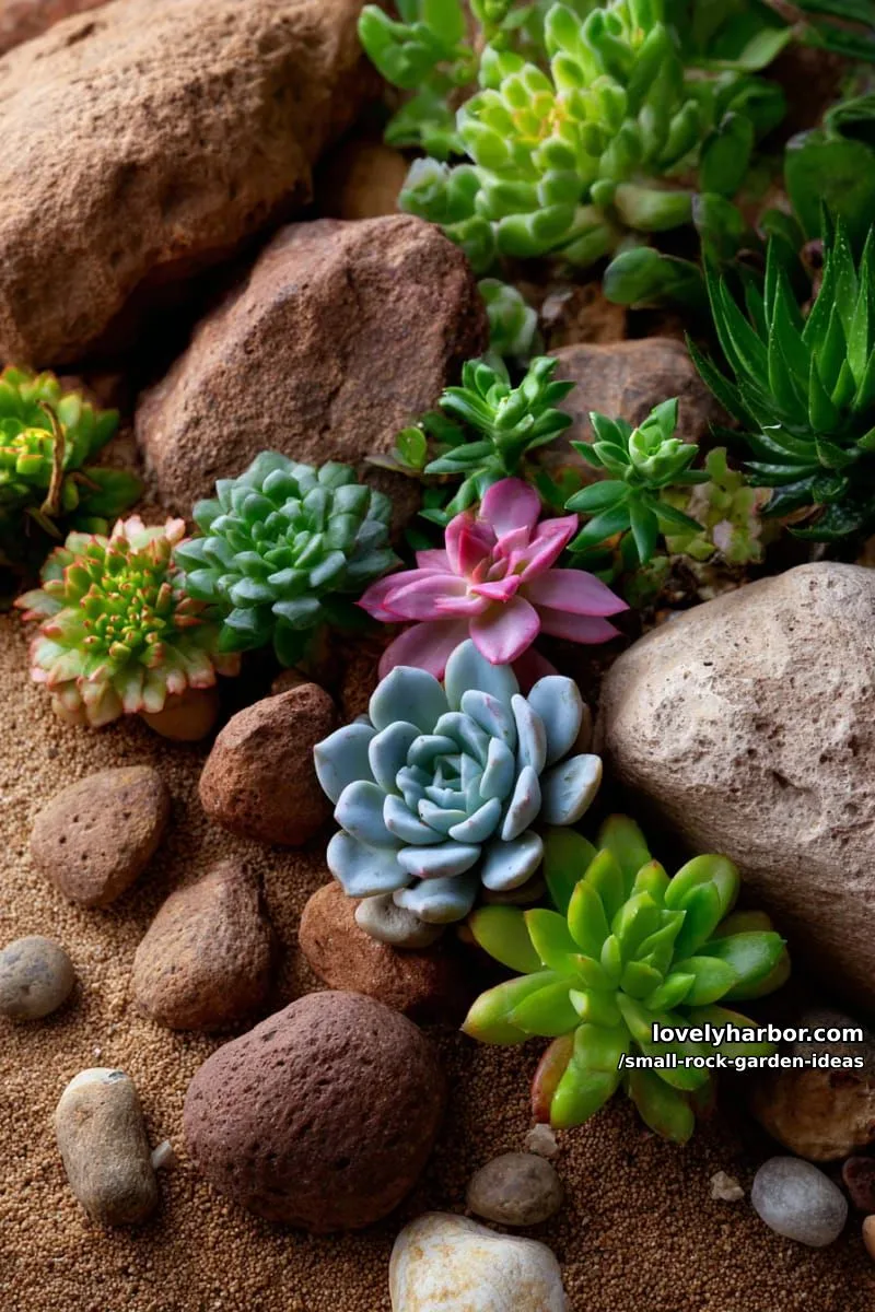 top-down succulent rock garden with colorful rosettes and brown stones. 1