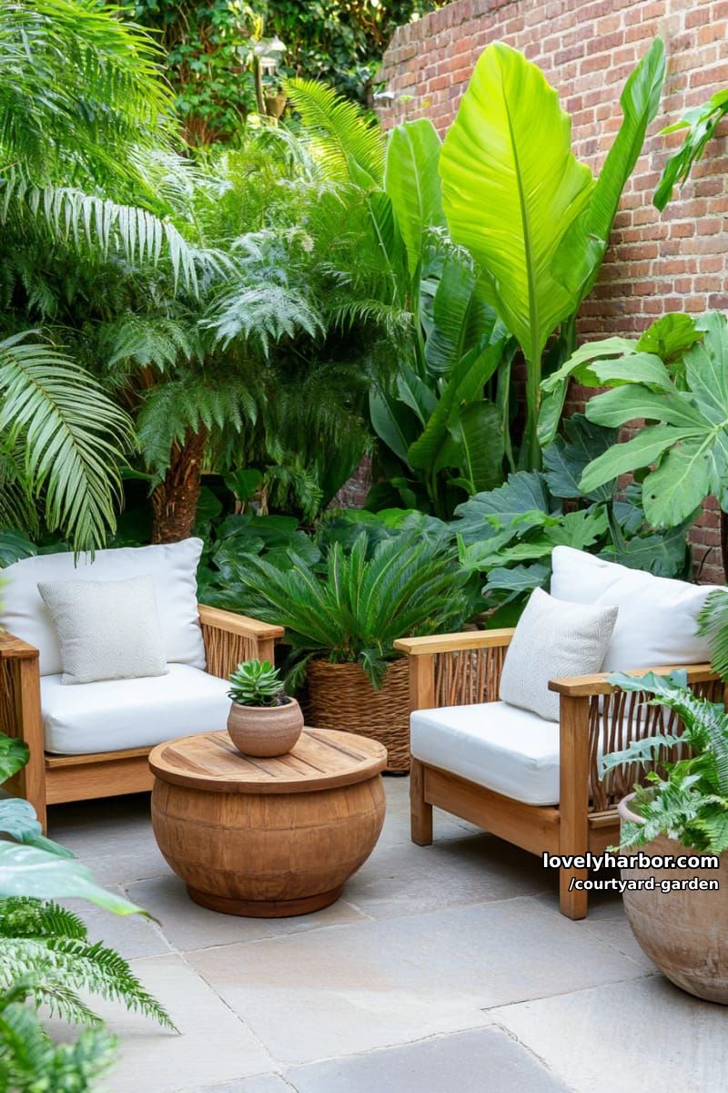 townhouse courtyard with tropical plants and comfortable seating 1