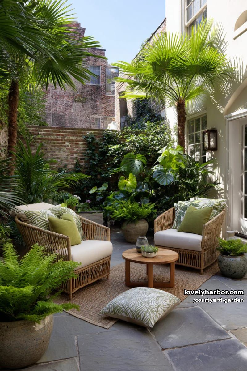 townhouse courtyard with tropical plants and comfortable seating 1
