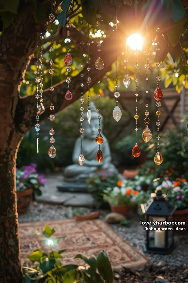 tranquil sunset garden with gemstone suncatchers, statue, and lanterns. 1