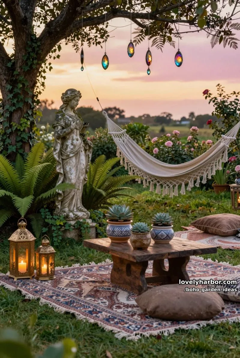 tranquil sunset garden with gemstone suncatchers, statue, and lanterns. 1