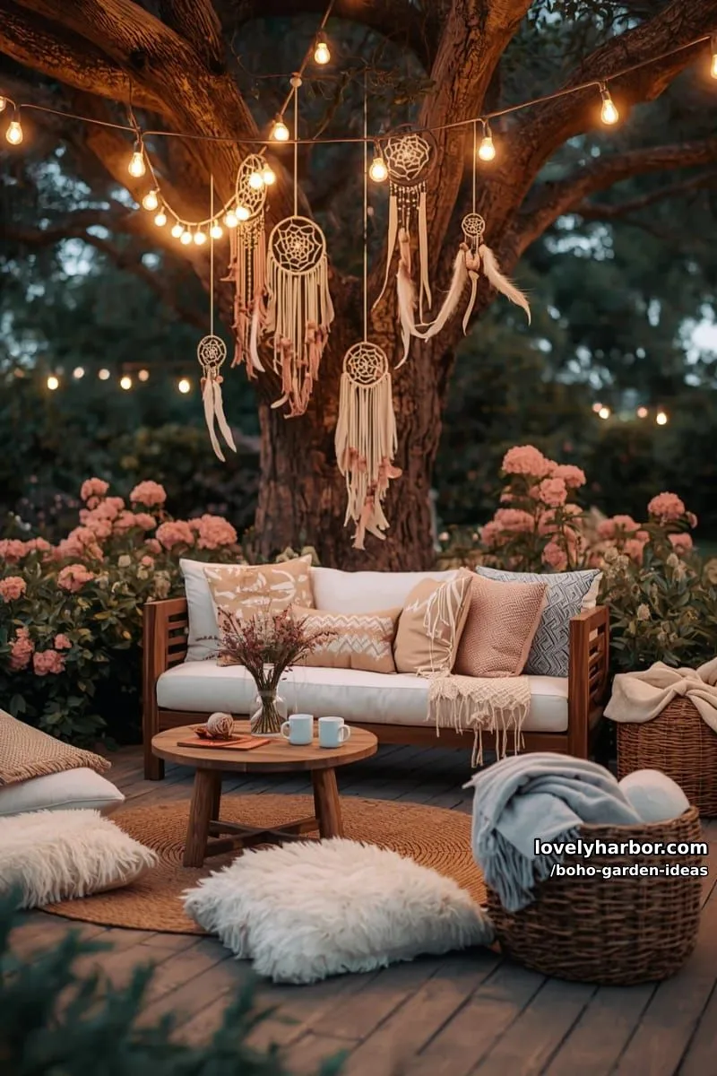 tree seating area with dreamcatchers, string lights, and cozy cushions. 1