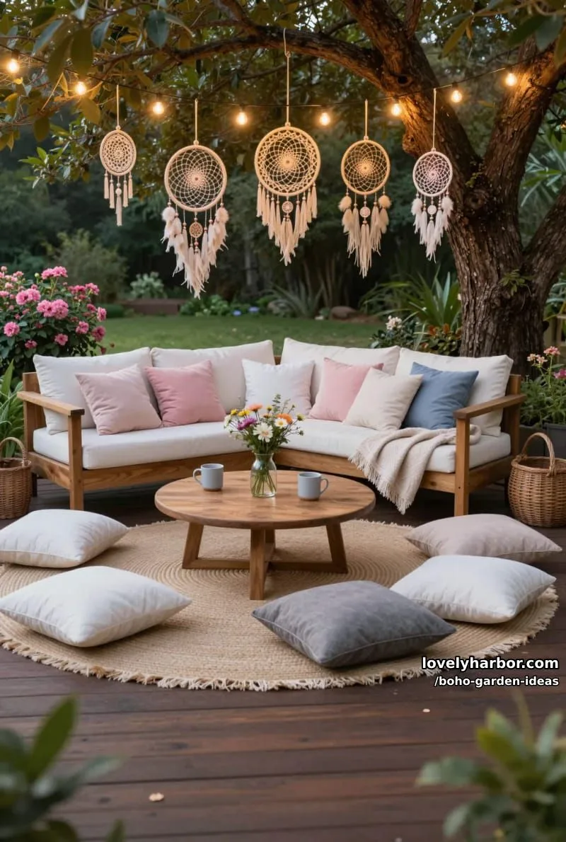 tree seating area with dreamcatchers, string lights, and cozy cushions. 1