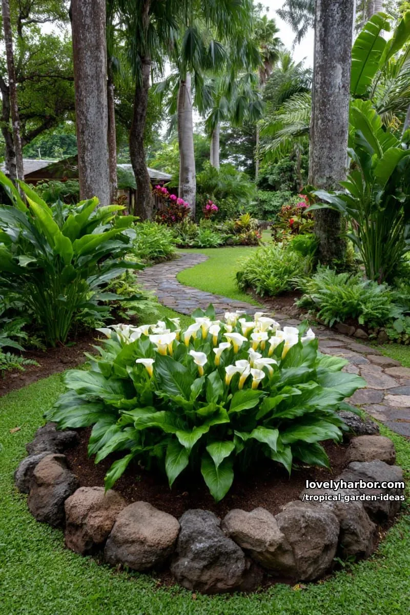 tropical garden with calla lilies in circular bed and curved stone path. 1
