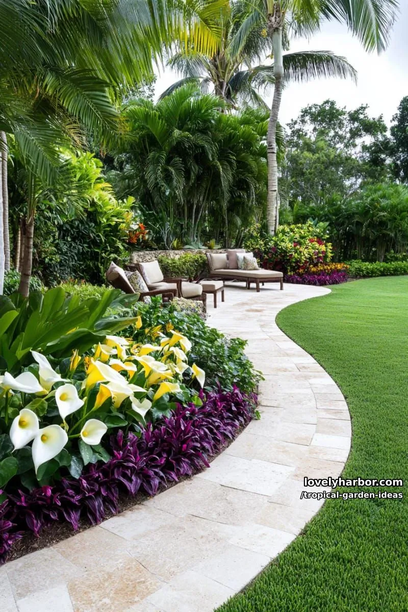 tropical garden with calla lilies in circular bed and curved stone path. 1