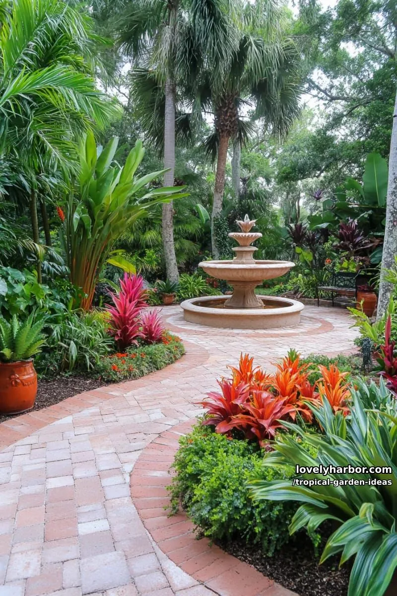 tropical garden with fountain, bromeliads, and curved paver pathway. 1