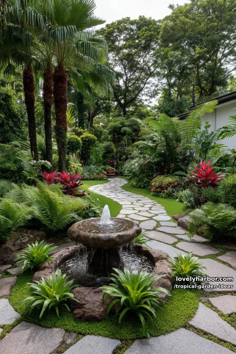 tropical garden with fountain, bromeliads, and curved paver pathway. 1