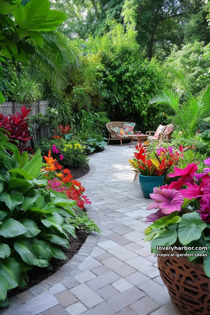 tropical garden with metallic panel backdrop and colorful foliage. 1