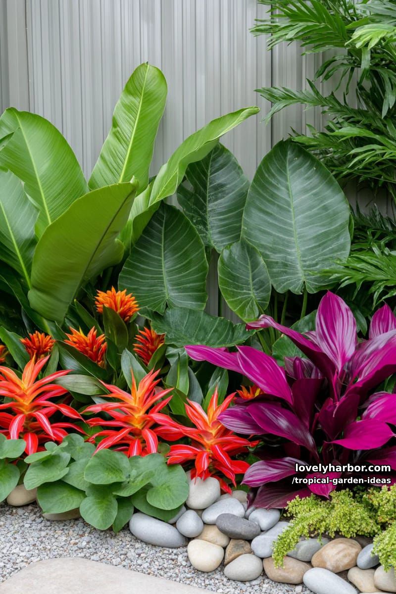 tropical garden with metallic panel backdrop and colorful foliage. 1