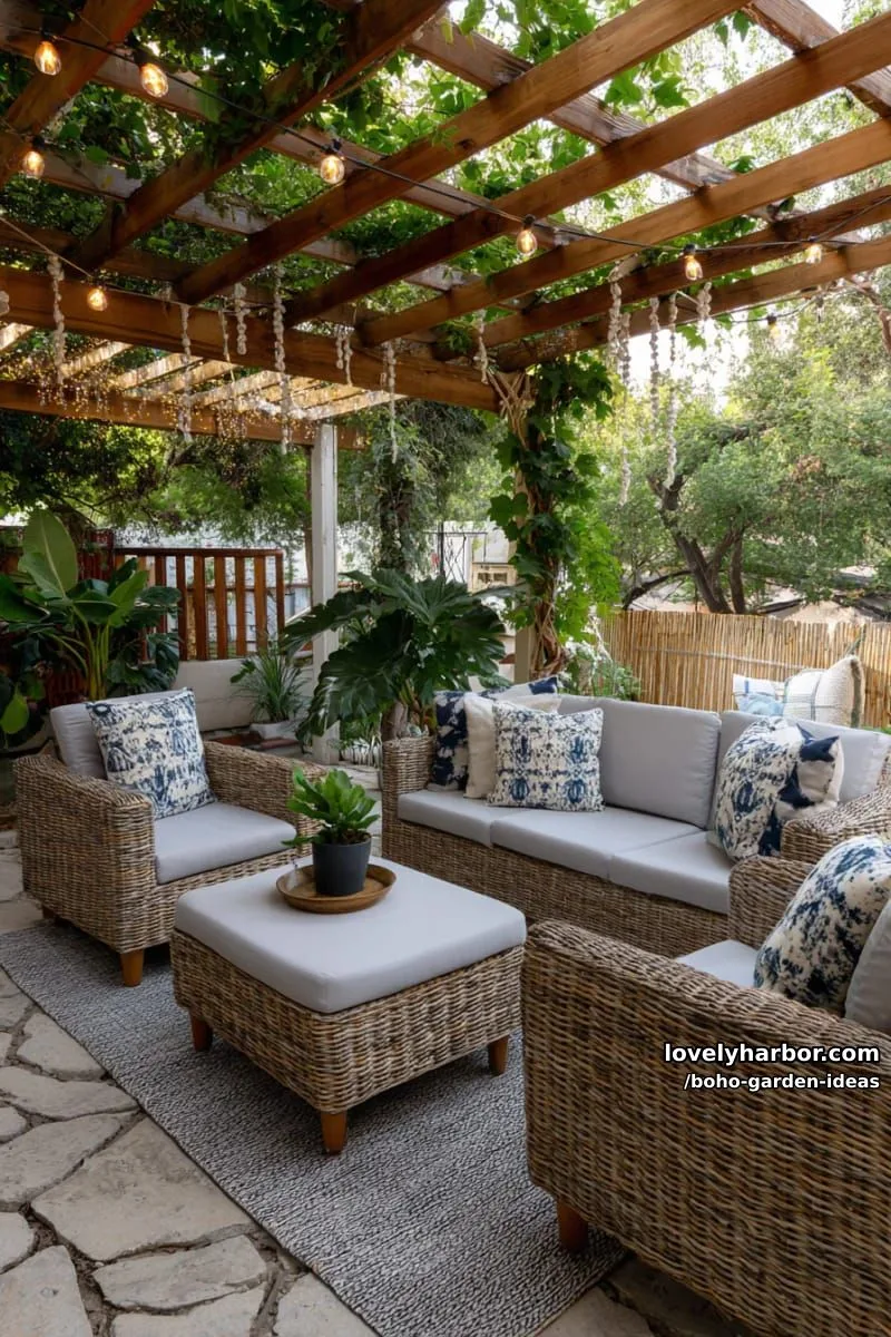 tropical patio with vines, crystal beads, vintage bulbs, and dense foliage. 1
