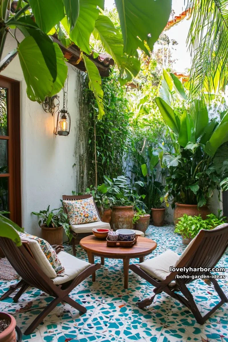 tropical patio with vines, crystal beads, vintage bulbs, and dense foliage. 1