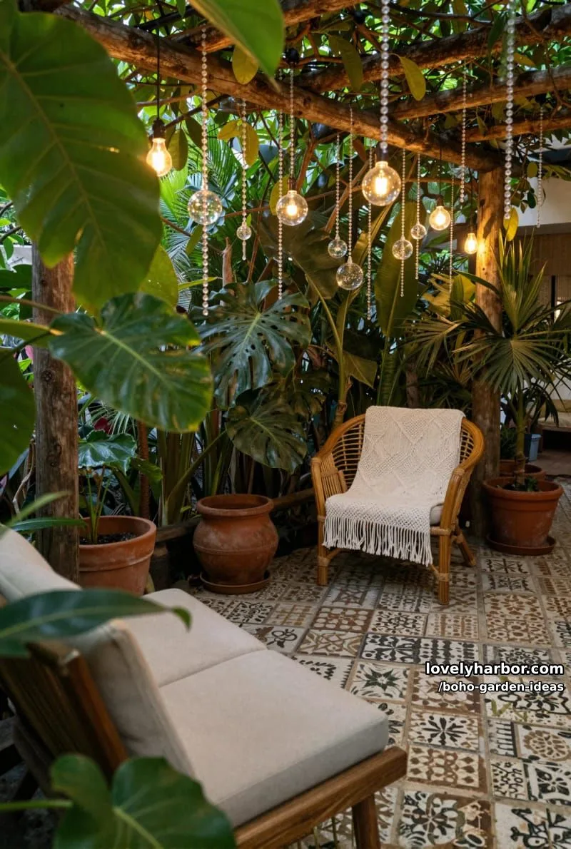 tropical patio with vines, crystal beads, vintage bulbs, and dense foliage. 1