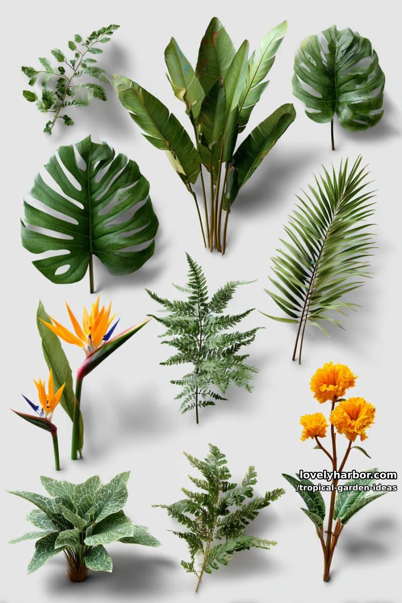 tropical plant collection isolated on white background with detailed textures. 1
