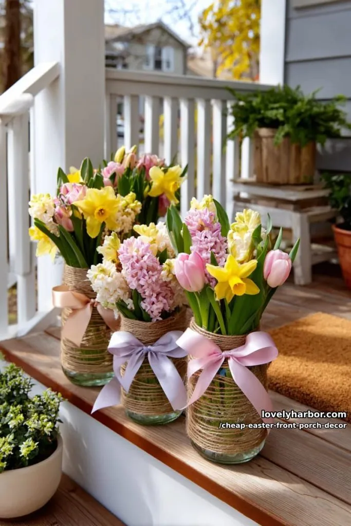 Easter 3 twine-wrapped mason jar vases with spring blooms and pastel ribbons 4