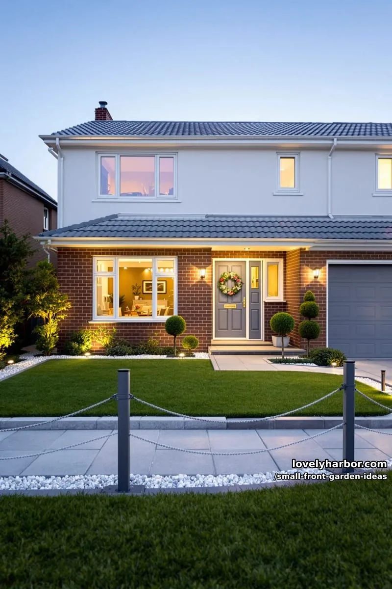 two-story house with artificial grass, topiary trees, rope fence, and spotlights. 1