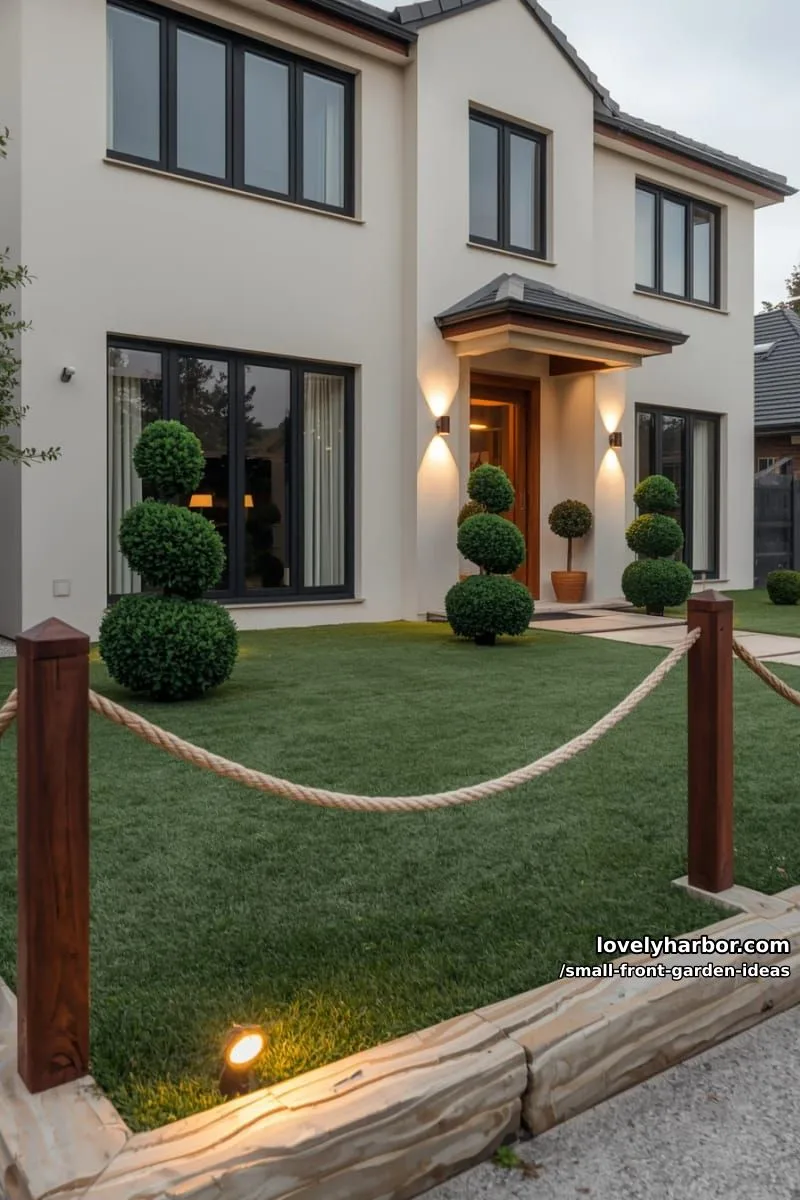 two-story house with artificial grass, topiary trees, rope fence, and spotlights. 1