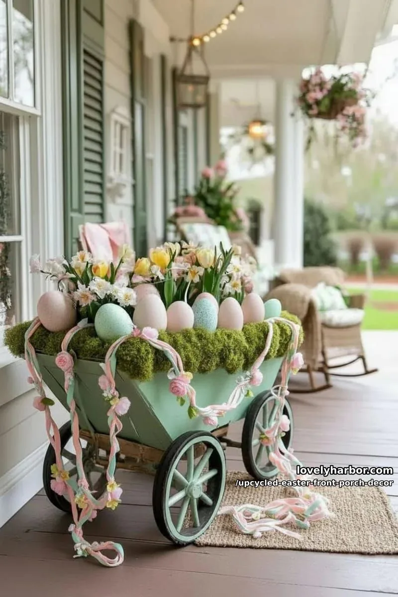 upcycled garden wheelbarrow filled with moss, oversized eggs, and ribbon garlands 1