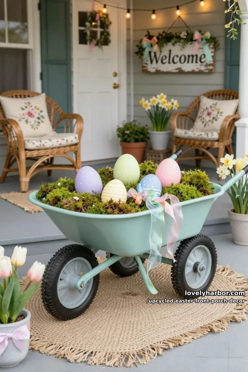 upcycled garden wheelbarrow filled with moss, oversized eggs, and ribbon garlands 1