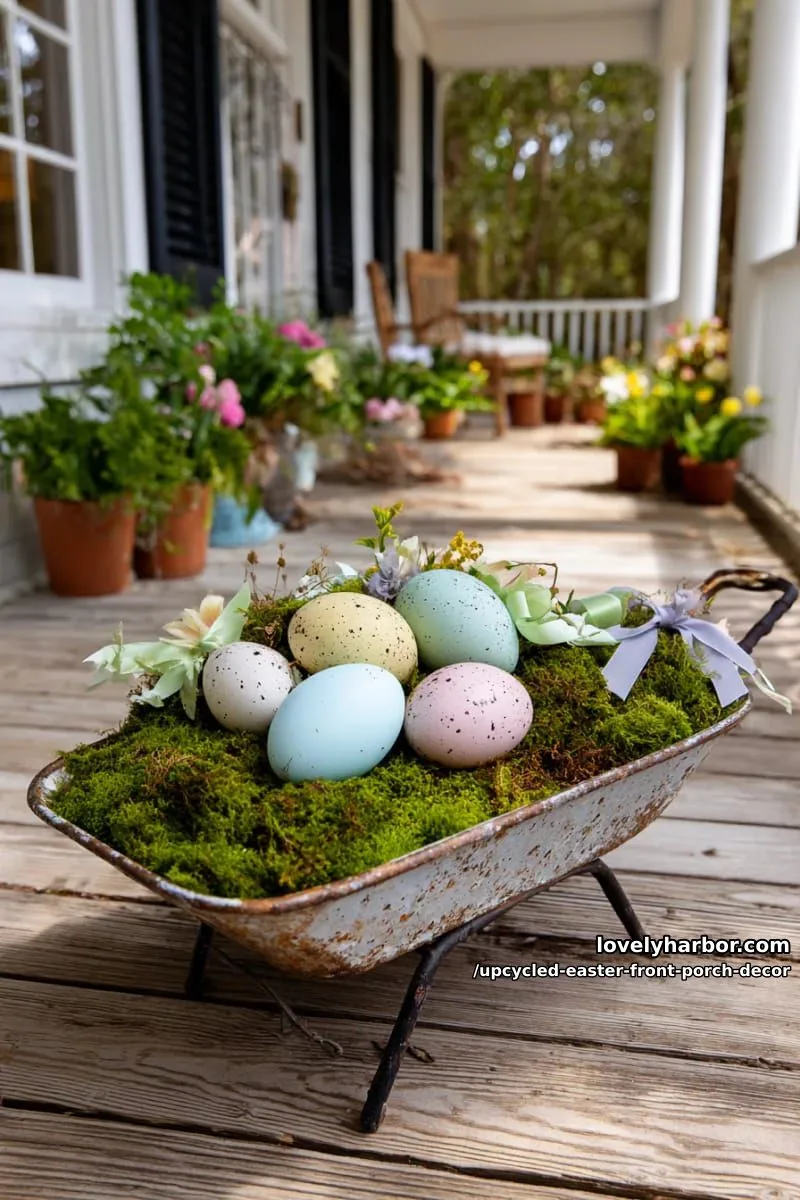 upcycled garden wheelbarrow filled with moss, oversized eggs, and ribbon garlands 1
