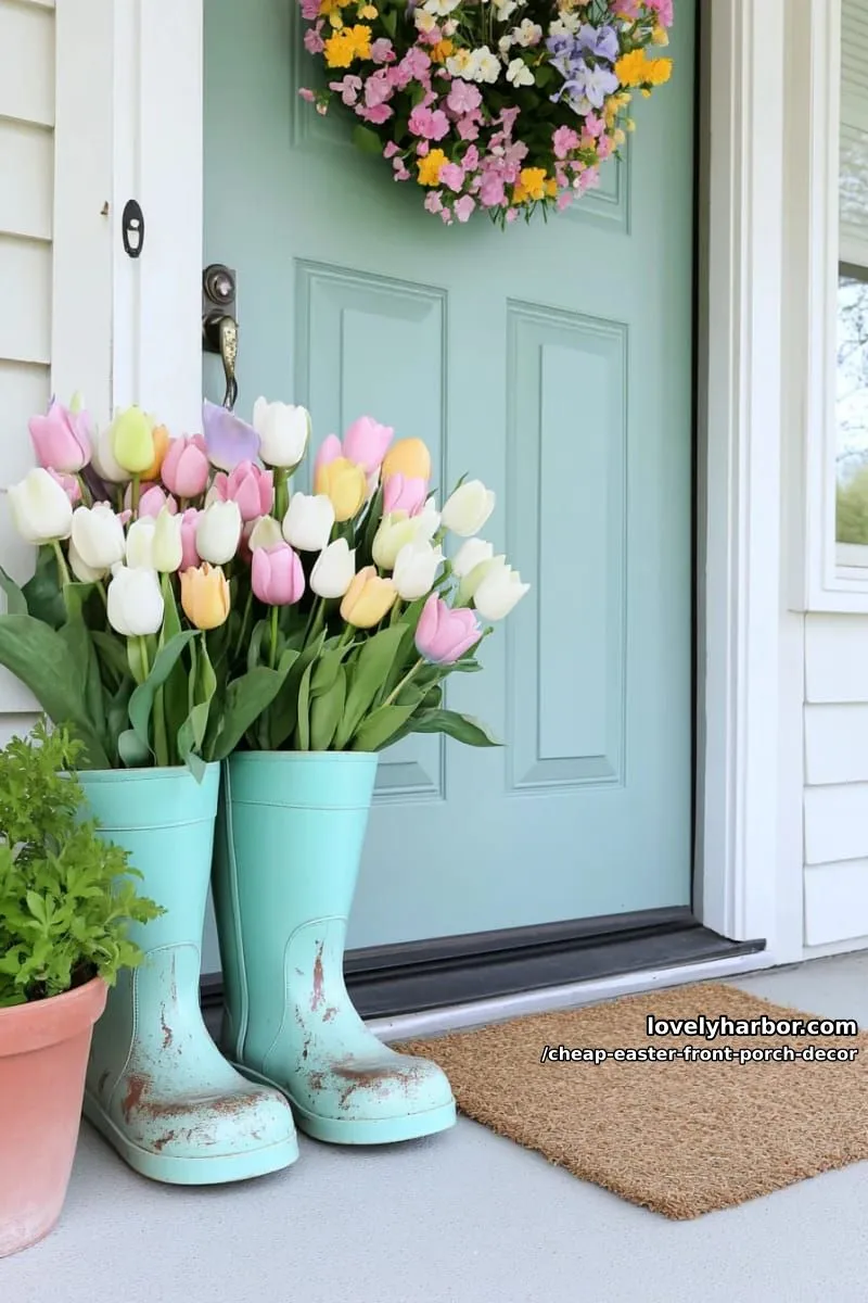 15 Cheap Easter Front Porch Decor Ideas On A Budget 13 upcycled rain boots stuffed with faux tulips as a whimsical door accent 1