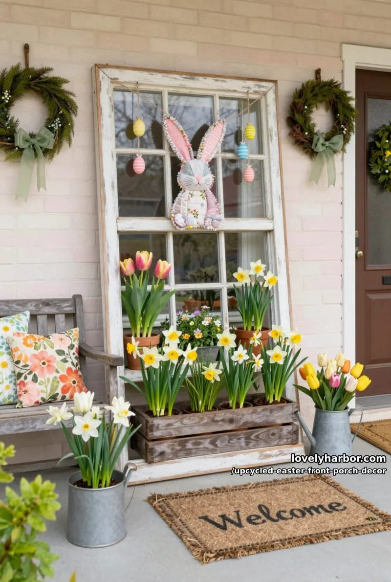 upcycled window frame decorated with bunny garland and easter egg ornaments 1