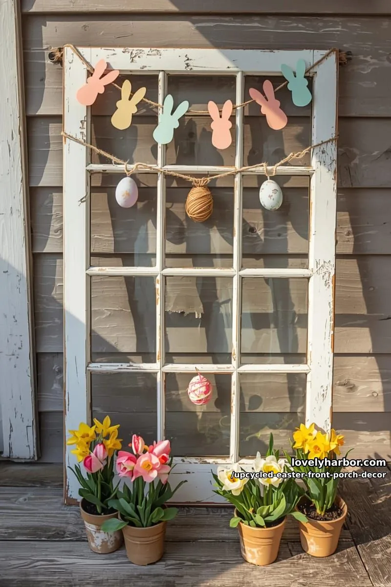 upcycled window frame decorated with bunny garland and easter egg ornaments 1