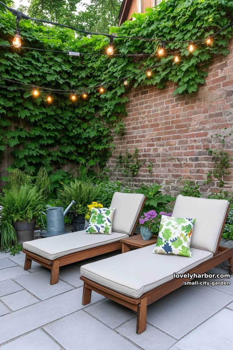 20 Small City Garden To Transform Your Space 15 urban backyard with wooden lounge chairs, stone pavers, and dense greenery. 1