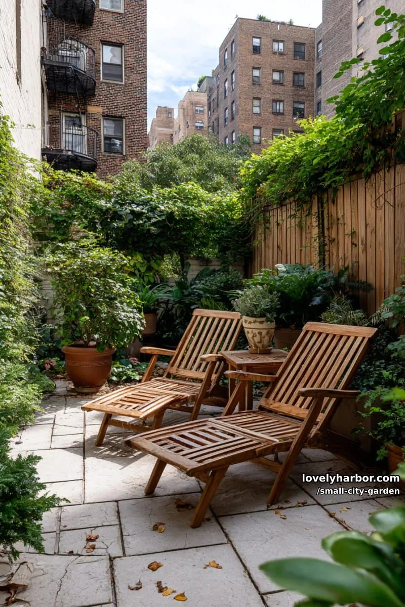 20 Small City Garden To Transform Your Space 16 urban backyard with wooden lounge chairs, stone pavers, and dense greenery. 1