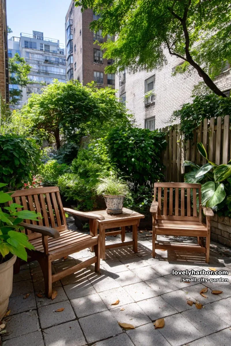 20 Small City Garden To Transform Your Space 17 urban backyard with wooden lounge chairs, stone pavers, and dense greenery. 1