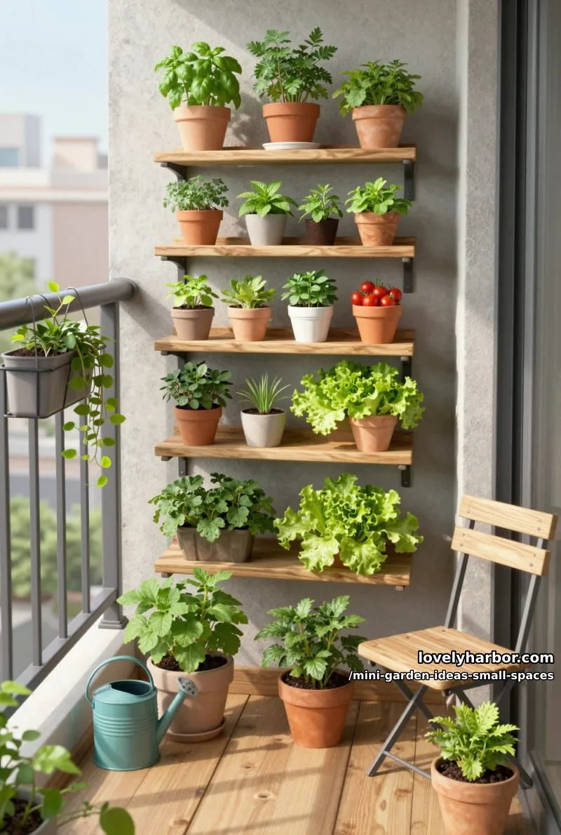 20 Mini Garden Ideas For Small Spaces 11 urban balcony garden with vertical shelves and potted herbs and vegetables. 1