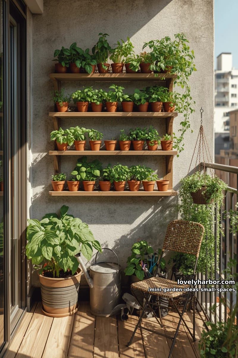 urban balcony garden with vertical shelves and potted herbs and vegetables. 1