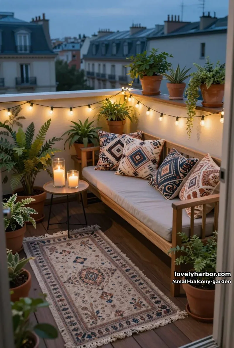 urban balcony with wooden floor, patterned rug, daybed, string lights, and plants. 1