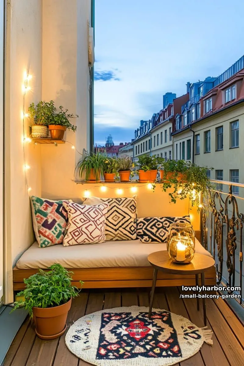 urban balcony with wooden floor, patterned rug, daybed, string lights, and plants. 1