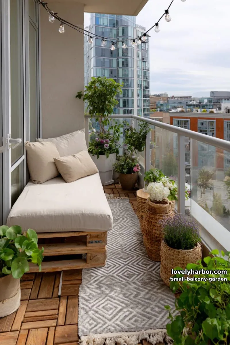 urban balcony with wooden floor, patterned rug, daybed, string lights, and plants. 1
