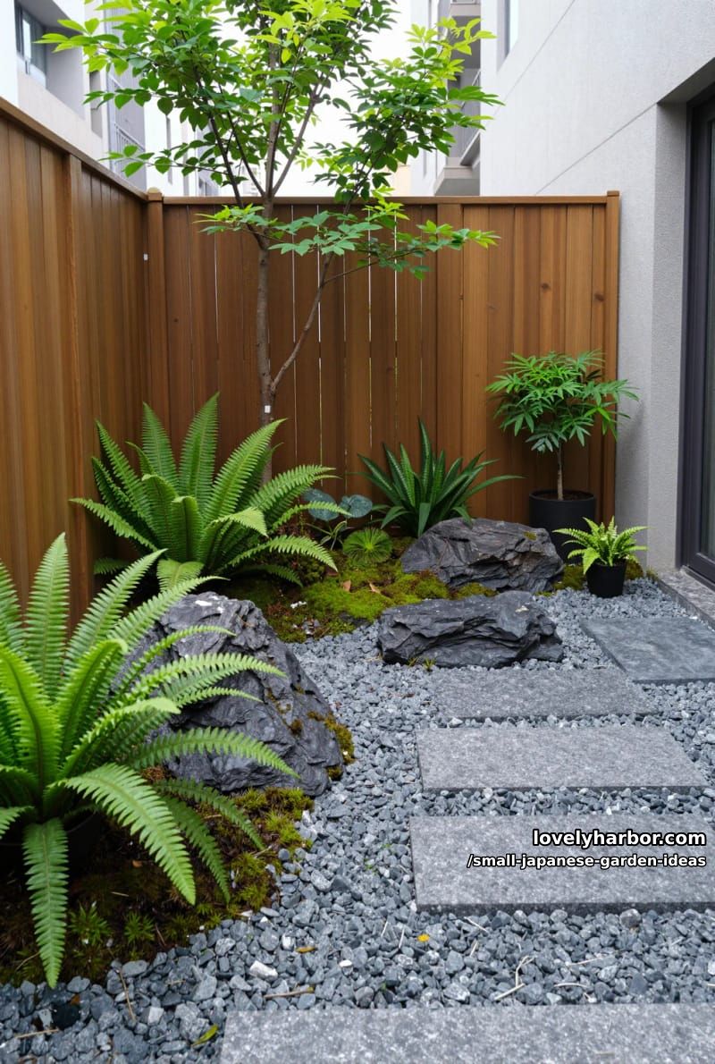 urban courtyard rock garden: vertical fence, ferns, tree, potted plants, gray pebbles. 1