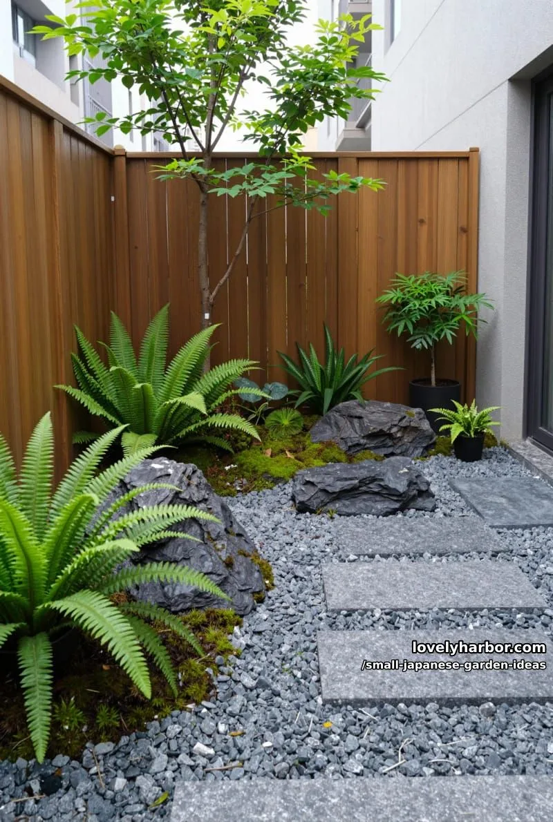 urban courtyard rock garden: vertical fence, ferns, tree, potted plants, gray pebbles. 1