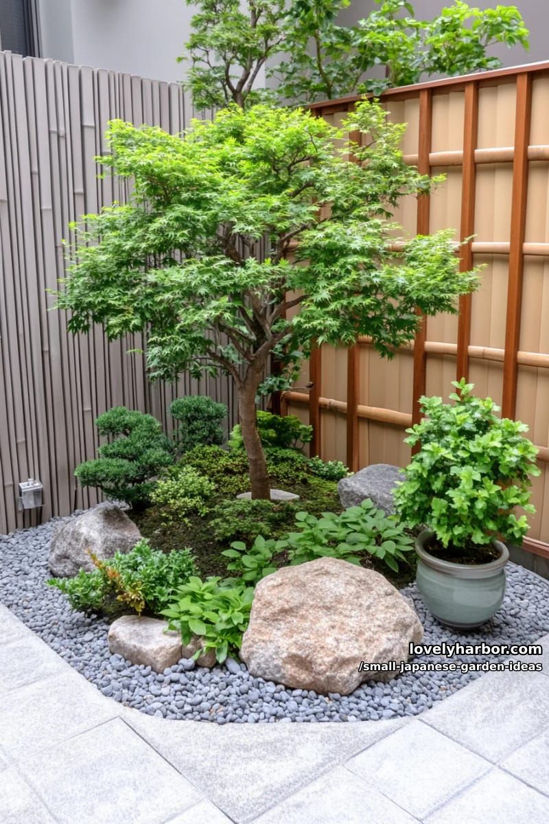 urban courtyard rock garden: vertical fence, ferns, tree, potted plants, gray pebbles. 1