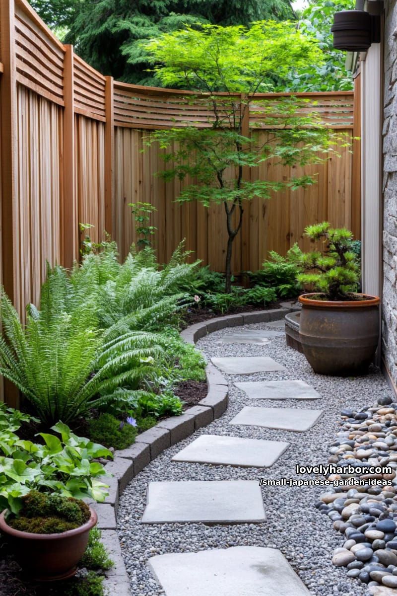 urban courtyard rock garden: vertical fence, ferns, tree, potted plants, gray pebbles. 1