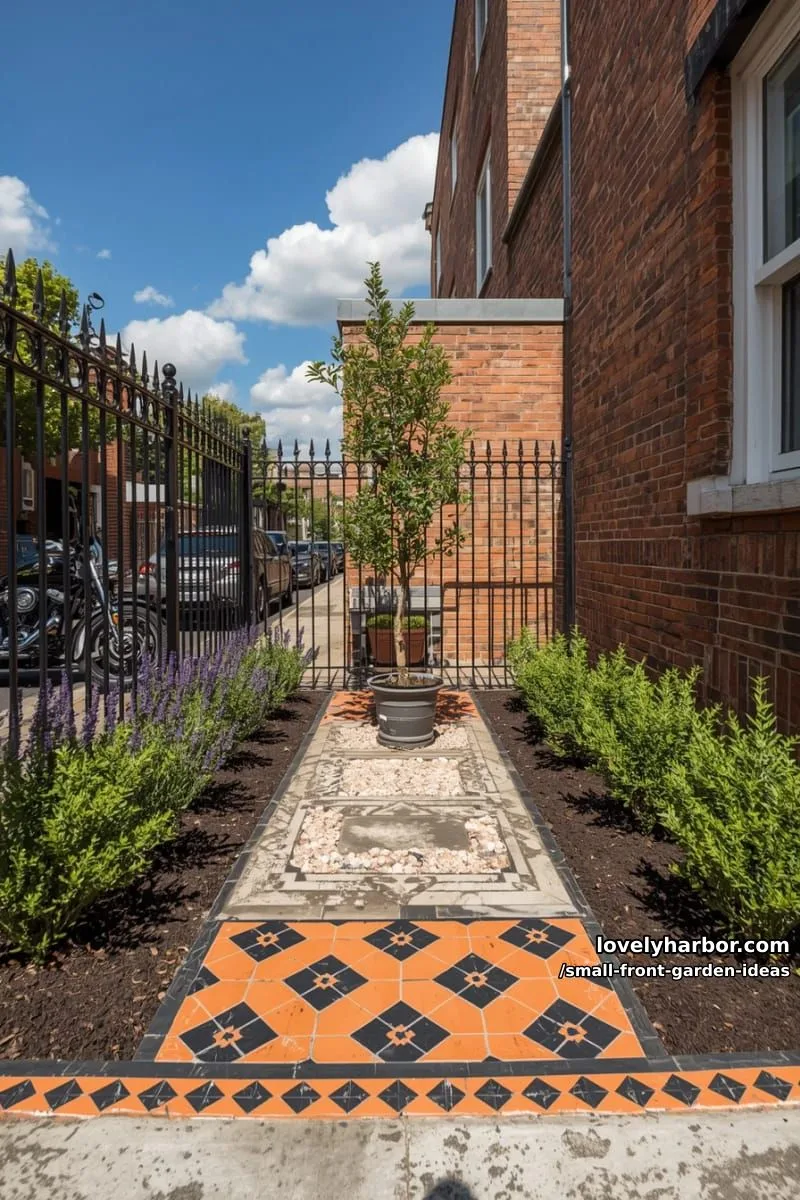 urban front garden with metal fence, gravel, bay laurel, and lavender rows. 1