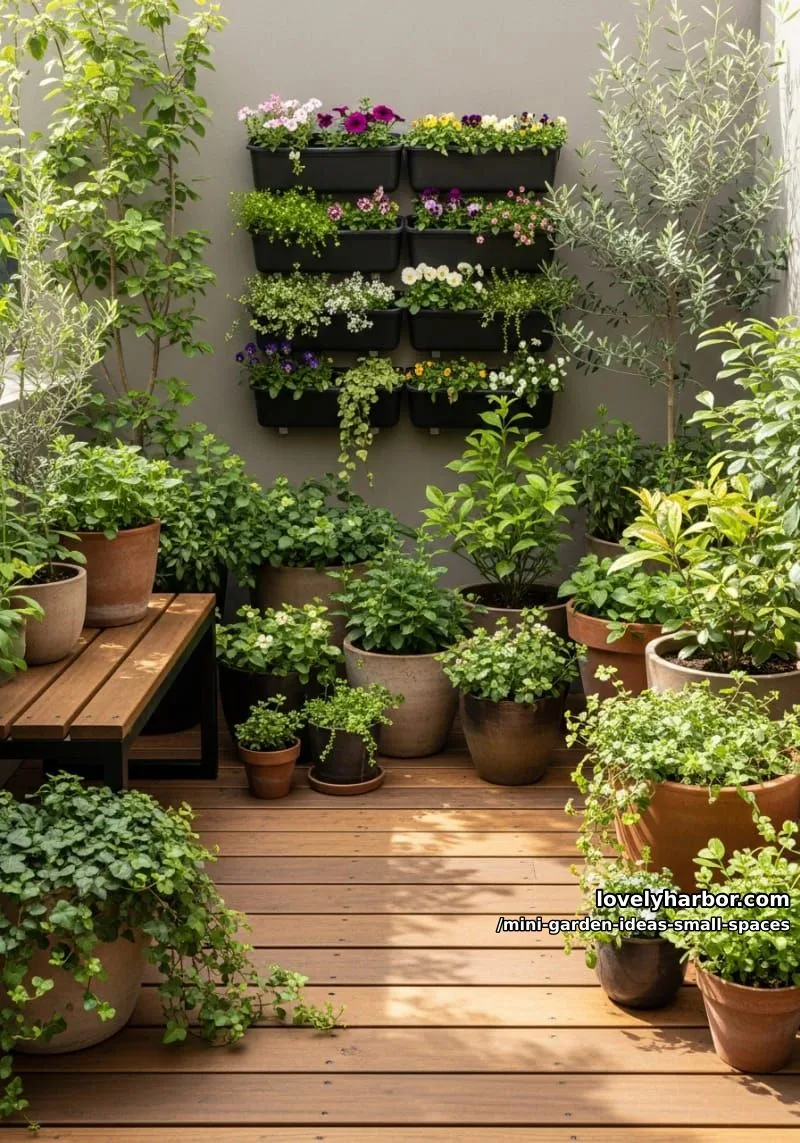20 Mini Garden Ideas For Small Spaces 40 urban garden with potted plants, vertical planters, and wooden decking. 1
