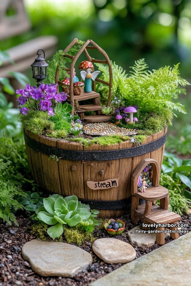 use a barrel planter for a layered fairy scene with garden accessories. 1