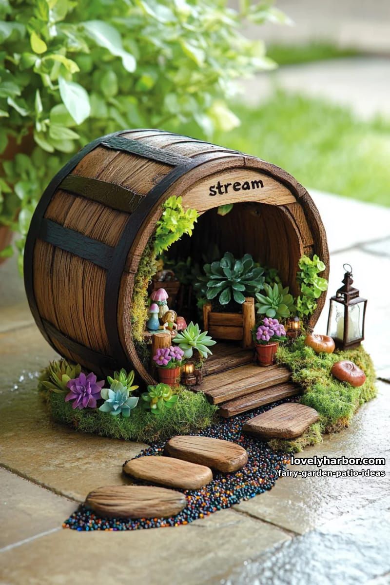 use a barrel planter for a layered fairy scene with garden accessories. 1
