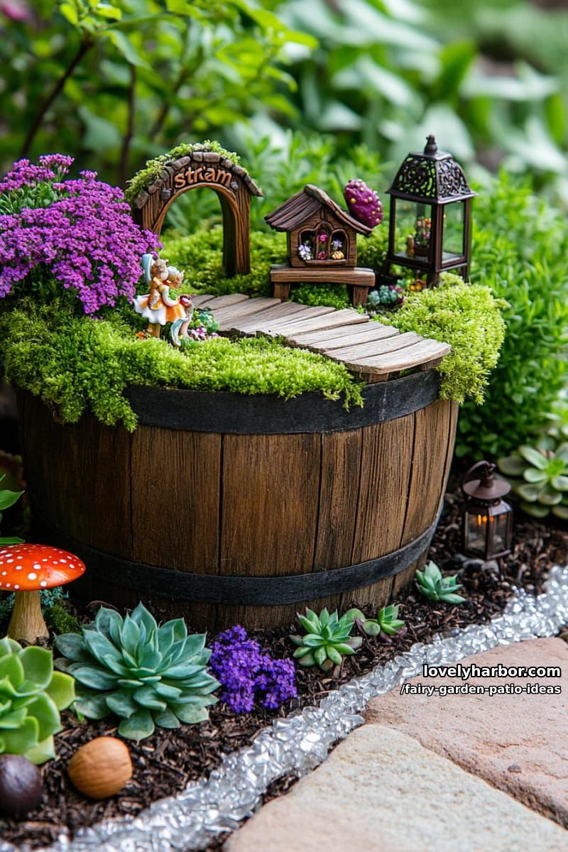 use a barrel planter for a layered fairy scene with garden accessories. 1