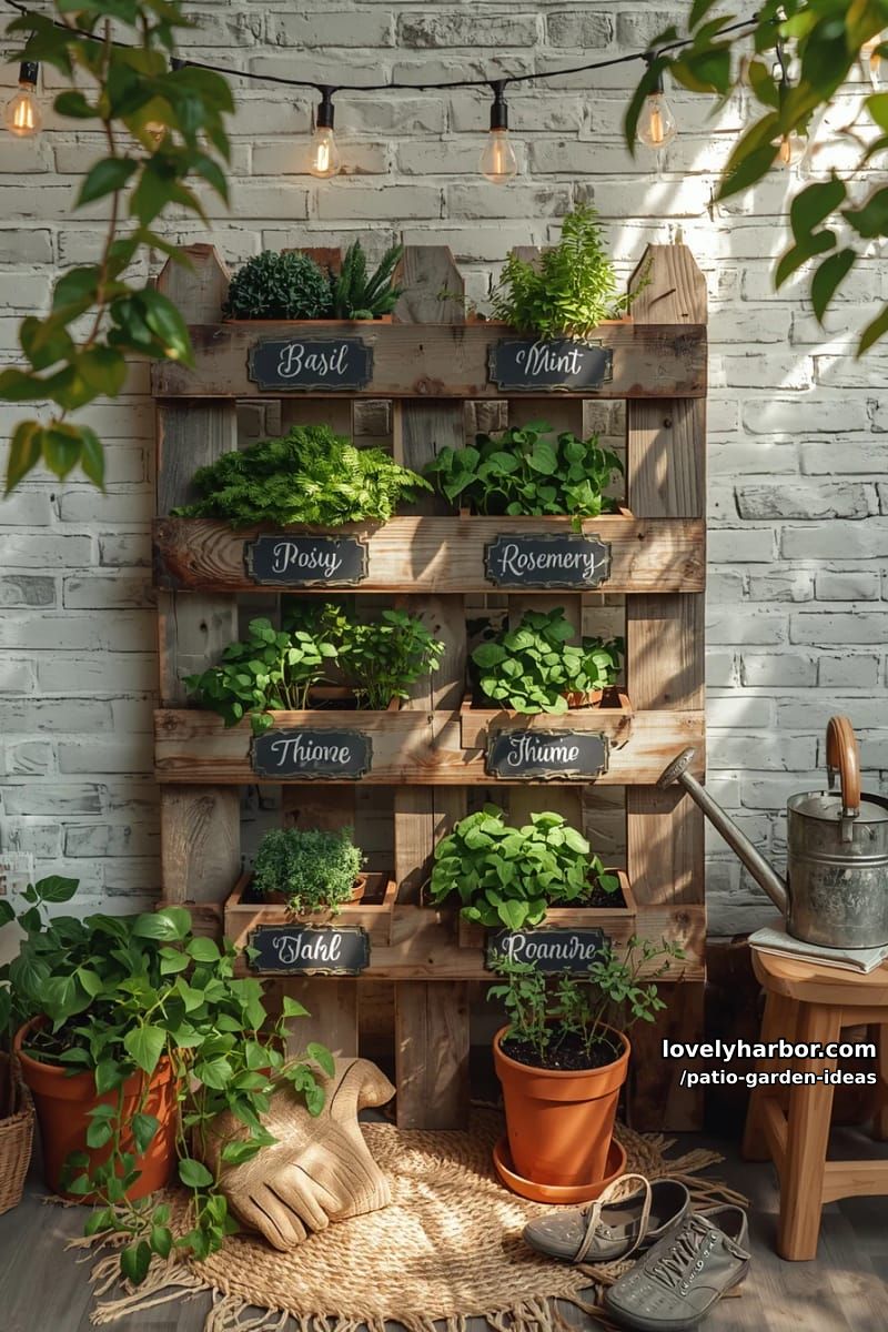 vertical herb garden on wooden pallet with labeled planter boxes. 1