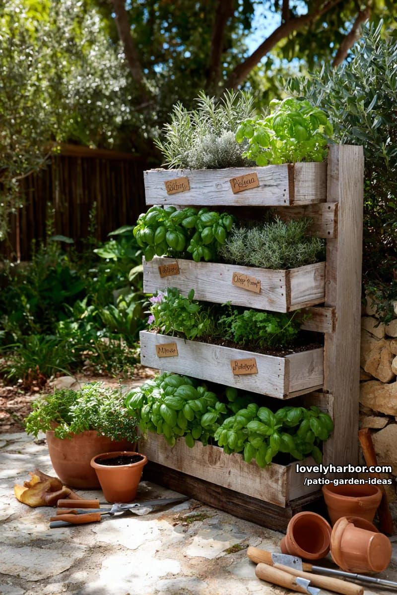 vertical herb garden on wooden pallet with labeled planter boxes. 1